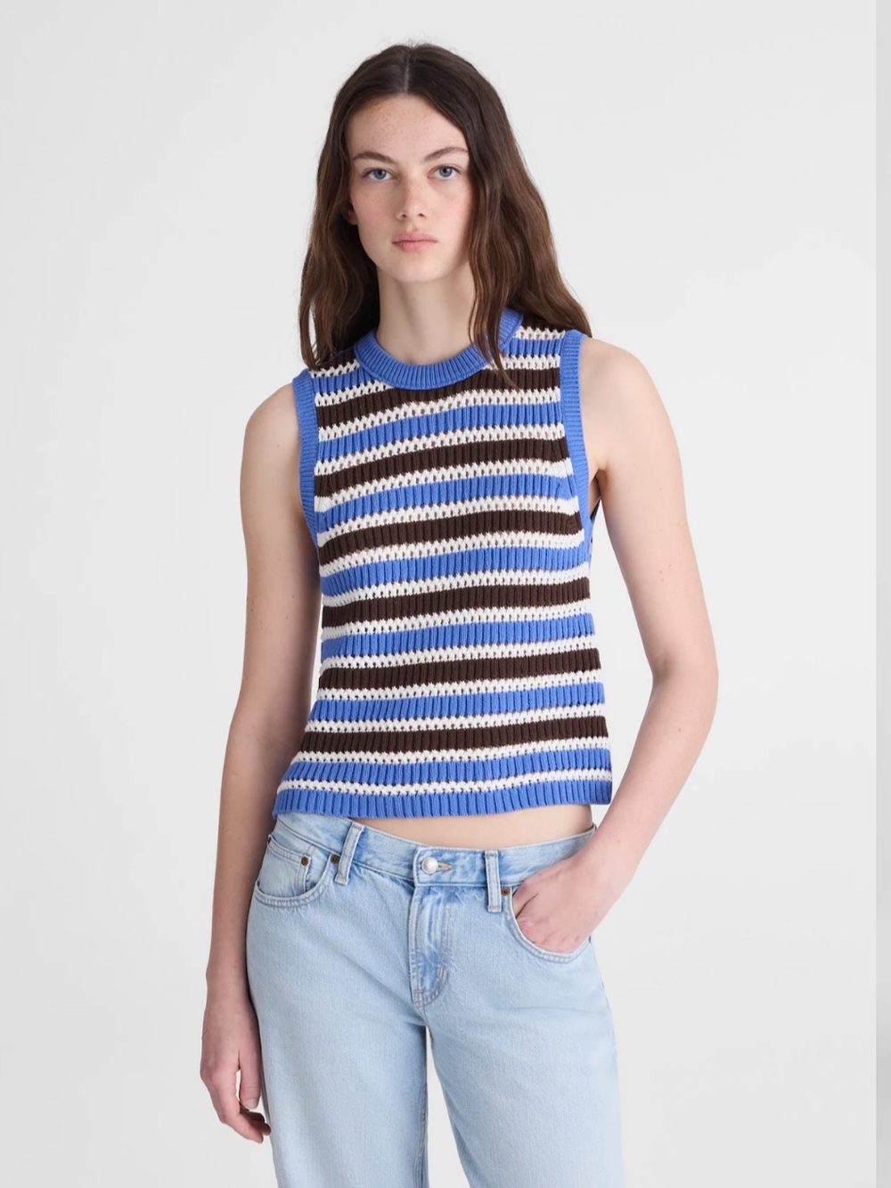 Madewell Open Knit Sweater Tank | Size M | Retro Blue and Brown Stripe